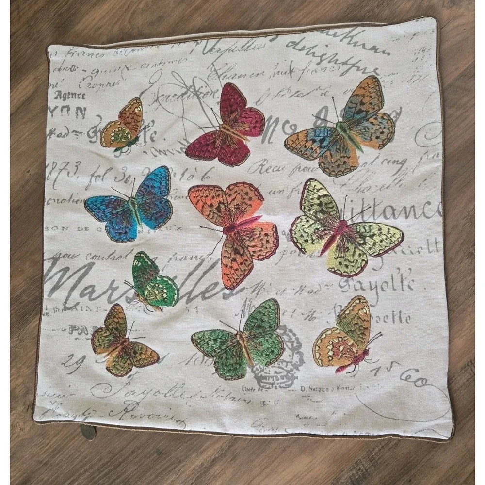 Pier 1 French Script Embroidered Butterfly Pillow Cover 17x17 Zipper No Insert